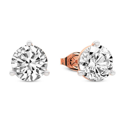 Three Prong Martini Round Diamond Stud Earrings in Rose Gold - Right
