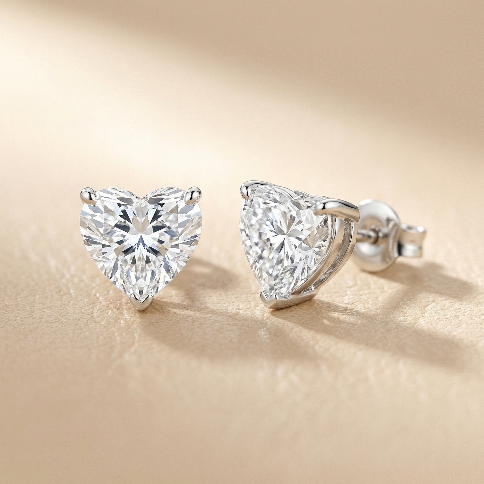 Three Prong Heart Diamond Stud Earrings in White Gold