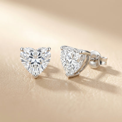 Three Prong Heart Diamond Stud Earrings in Silver