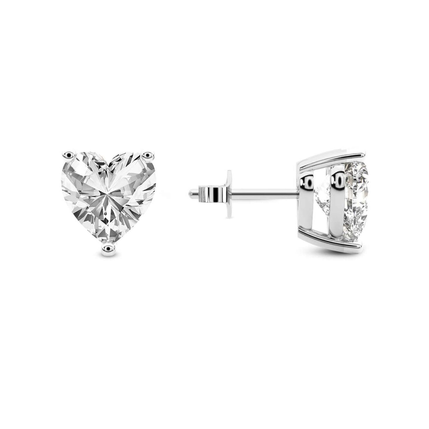 Three Prong Heart Diamond Stud Earrings in Platinum - Left