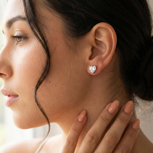 Three Prong Heart Diamond Stud Earrings in Platinum - On Hand