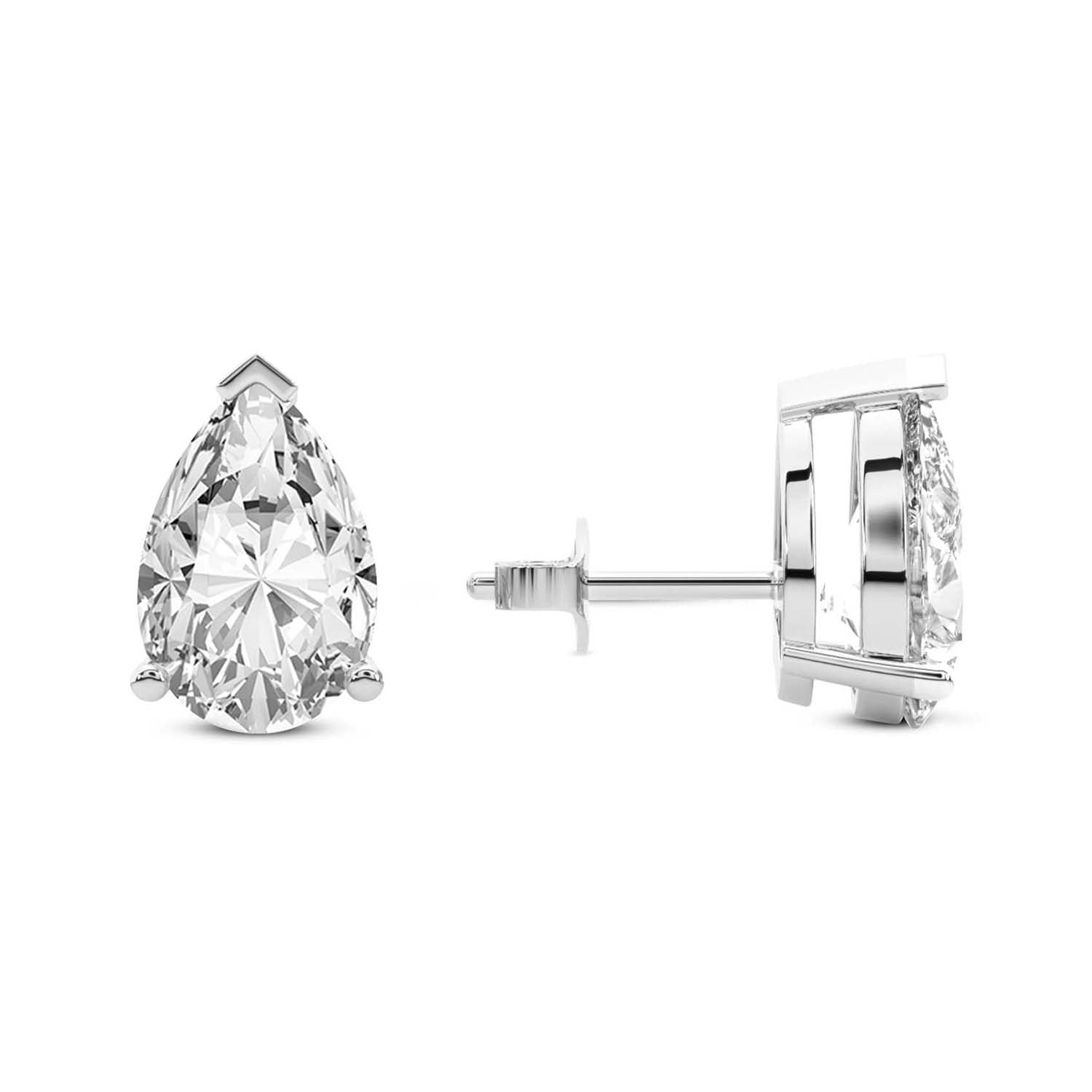 Three Prong Pear Diamond Stud Earrings in White Gold - Left