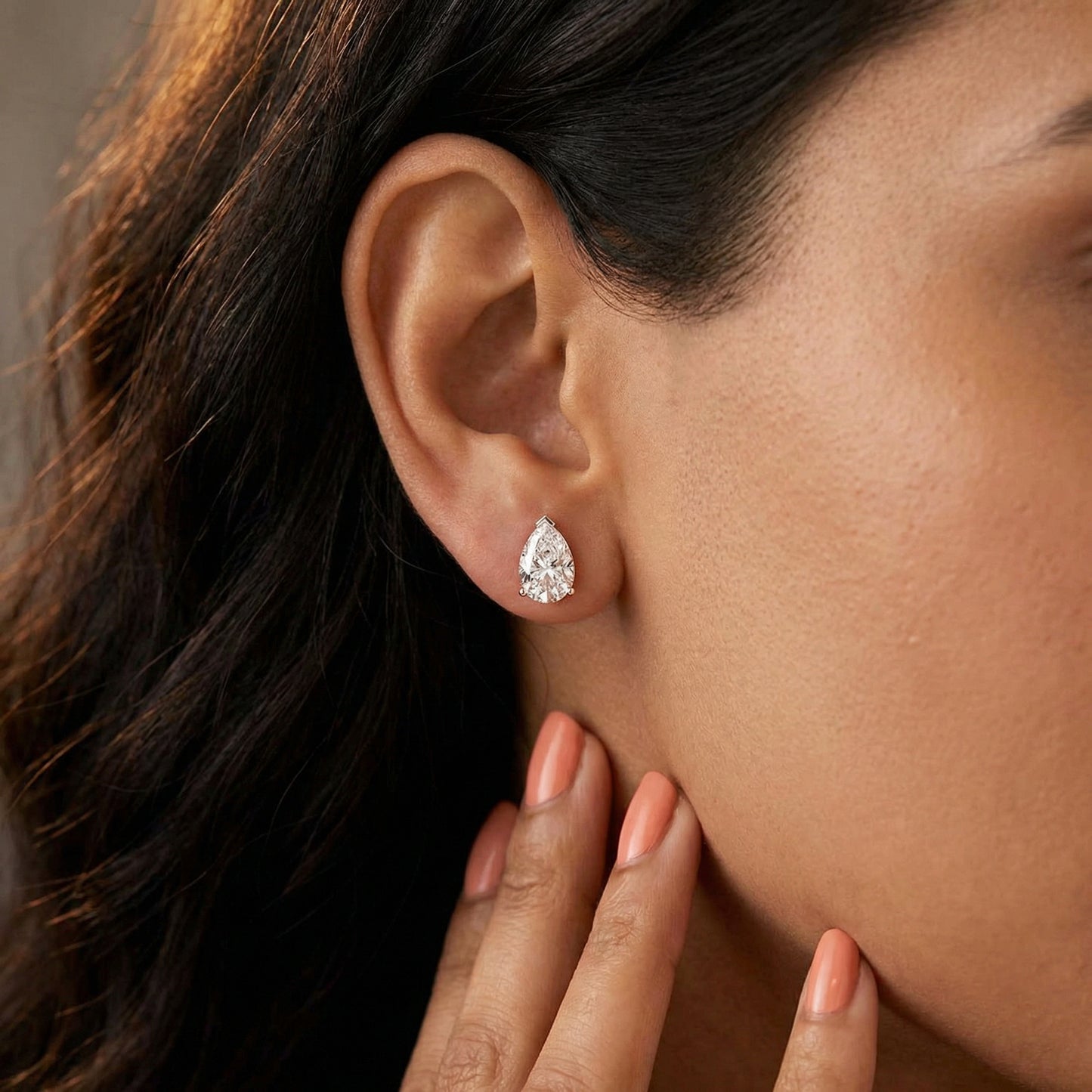 Three Prong Pear Diamond Stud Earrings in White Gold - On Hand