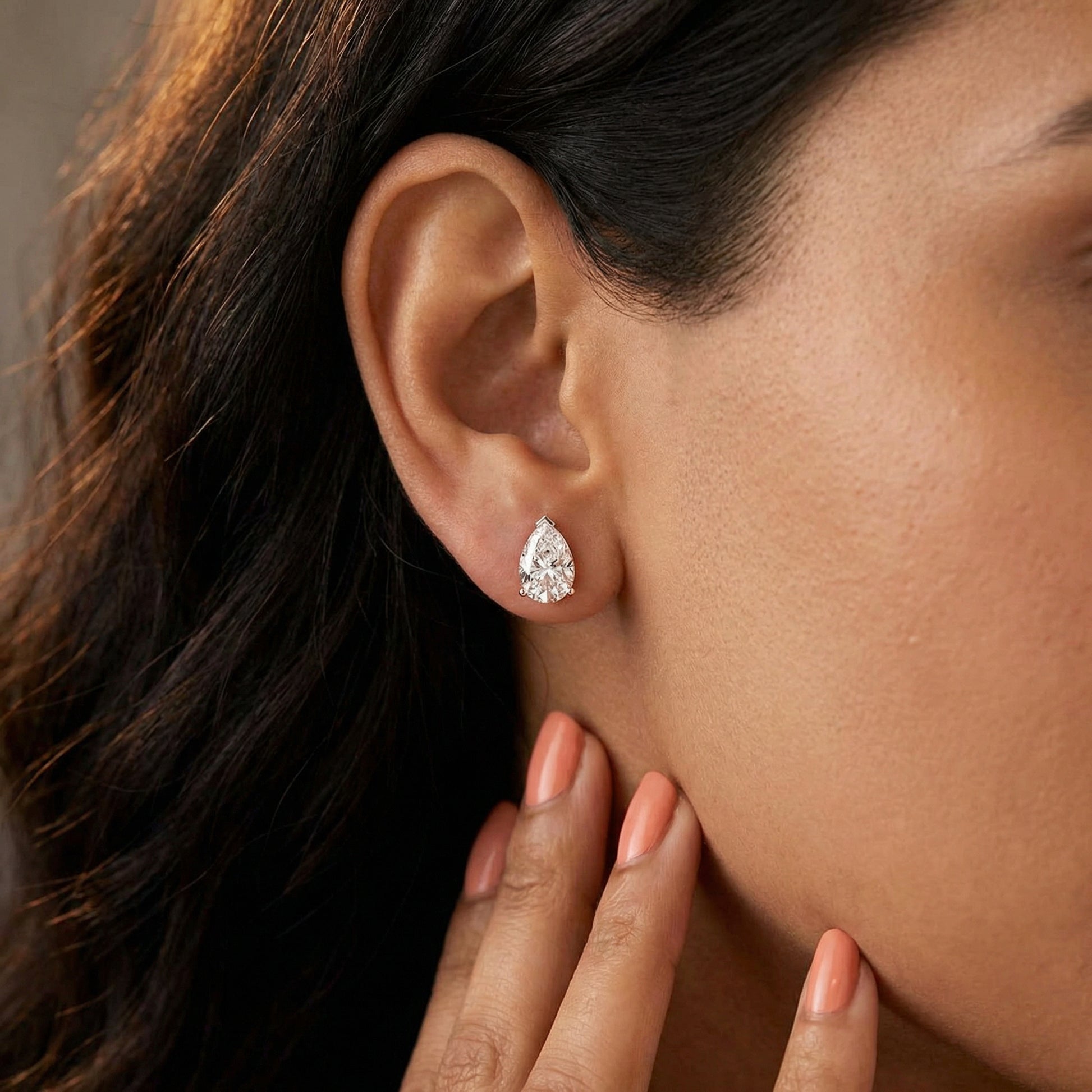 Three Prong Pear Diamond Stud Earrings in Silver - On Hand