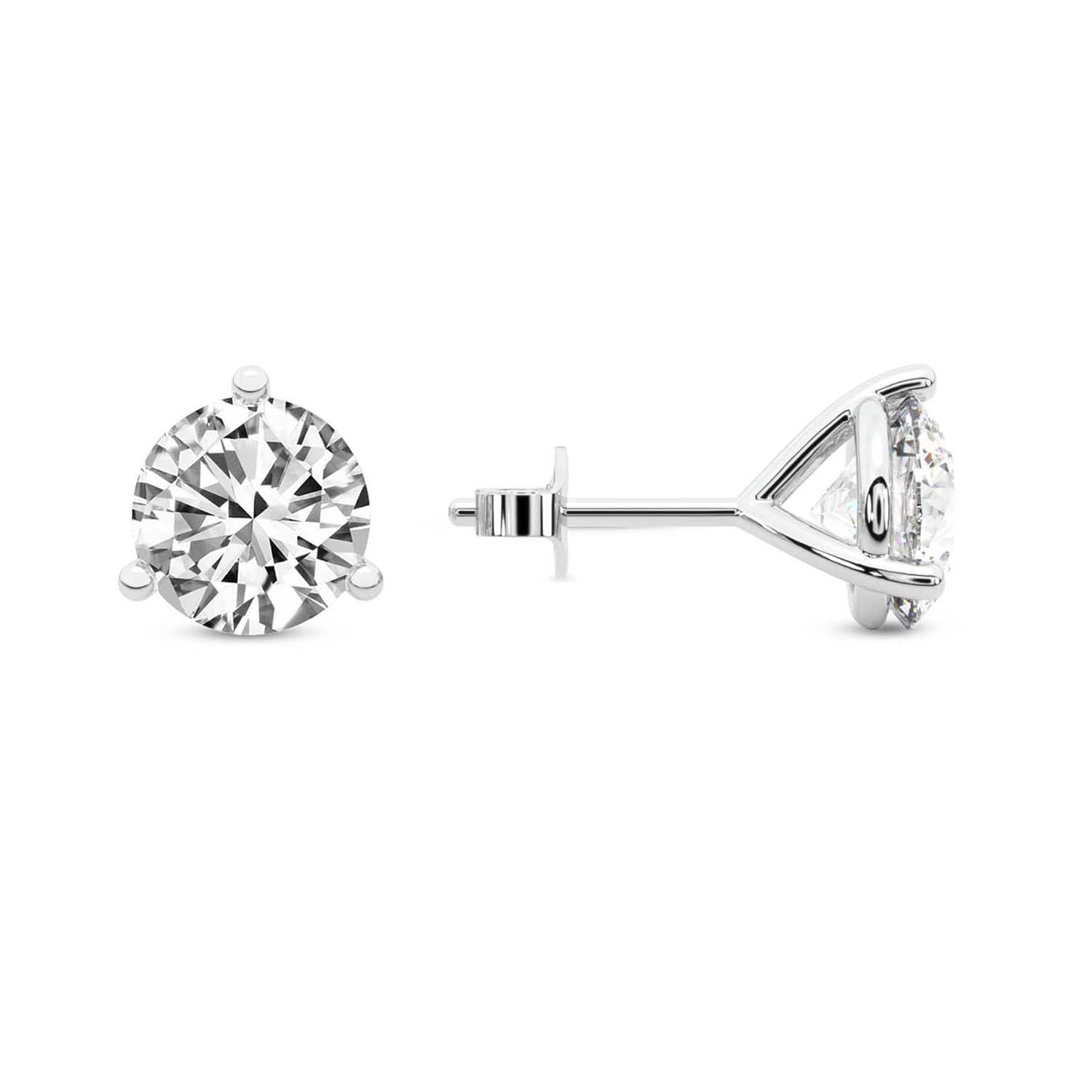 Three Prong Martini Round Diamond Stud Earrings in White Gold - Left