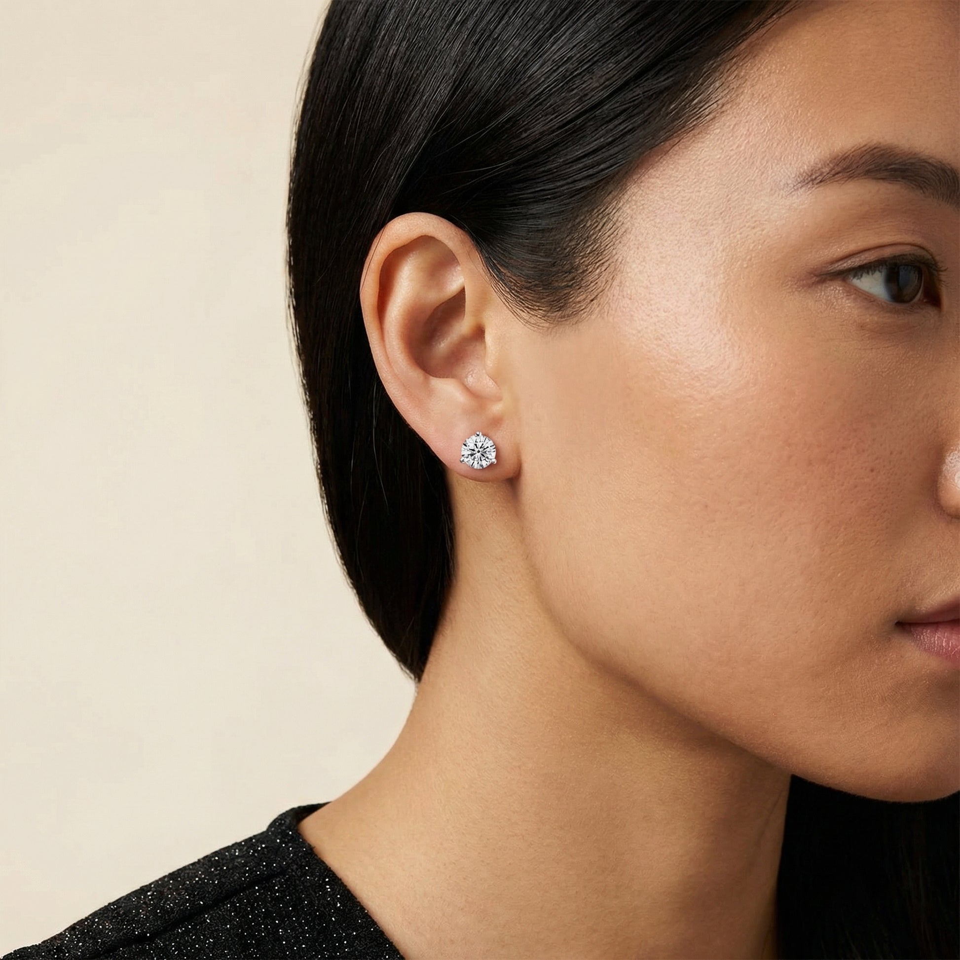 Three Prong Martini Round Diamond Stud Earrings in White Gold - On Hand