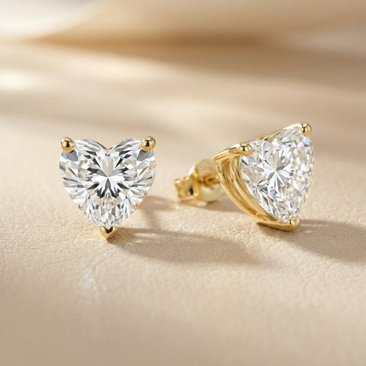 Three Prong Heart Diamond Stud Earrings in Yellow Gold
