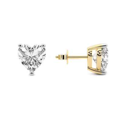 Three Prong Heart Diamond Stud Earrings in Yellow Gold - Left