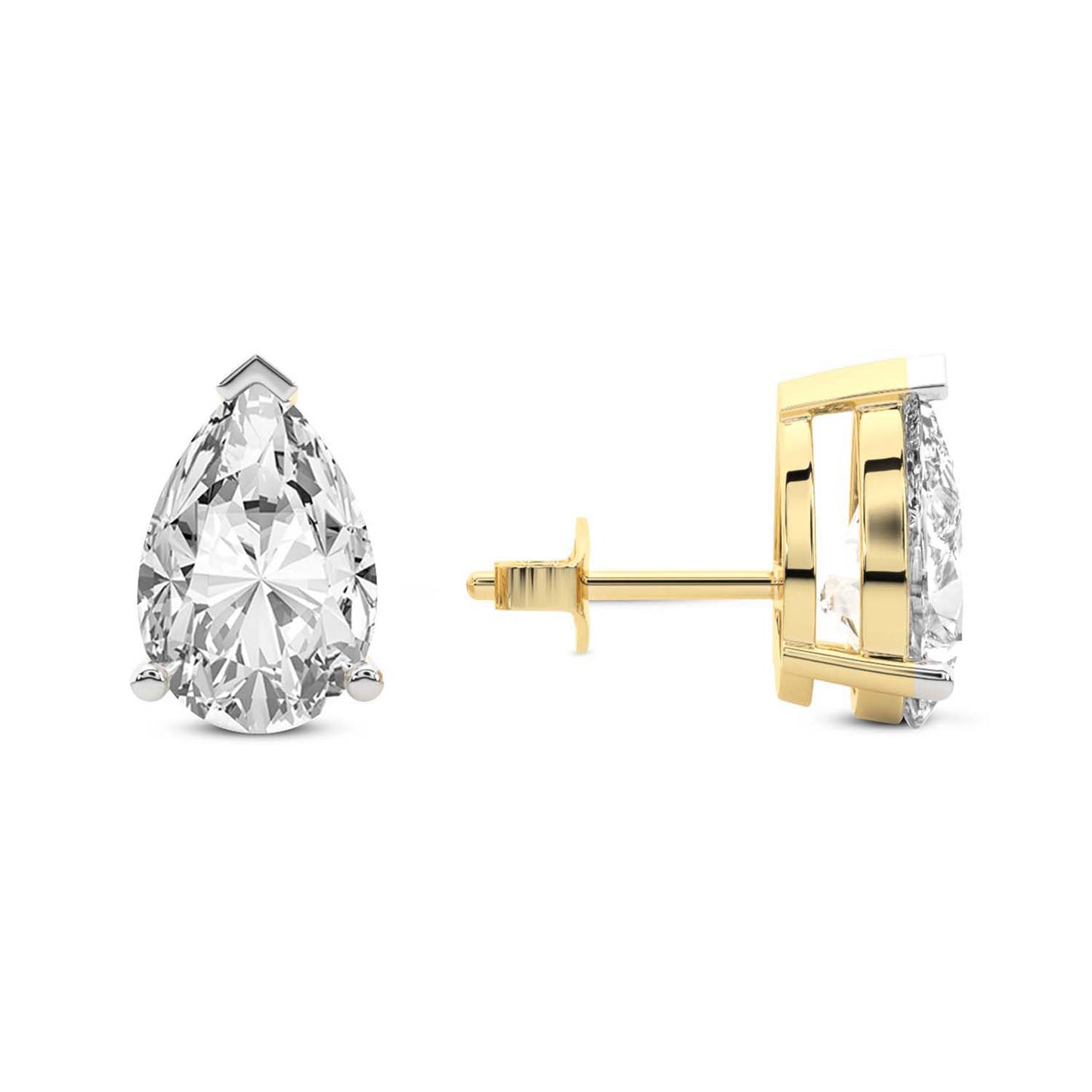 Three Prong Pear Diamond Stud Earrings in Yellow Gold - Left