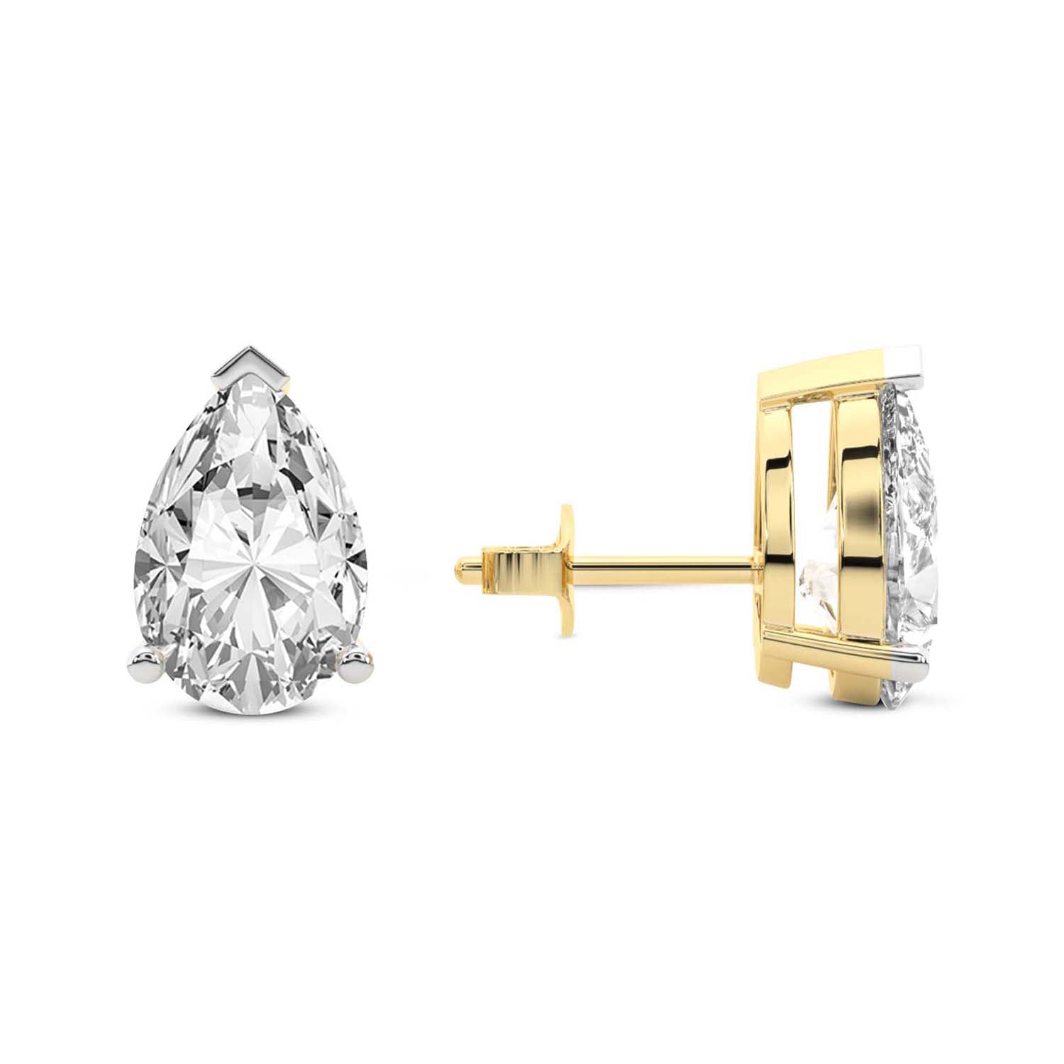 Three Prong Pear Diamond Stud Earrings in Yellow Gold - Left