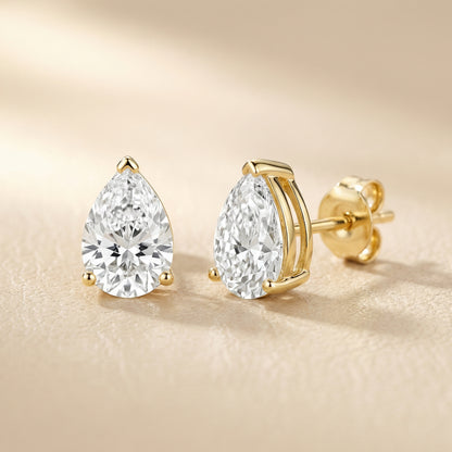 Three Prong Pear Diamond Stud Earrings in Yellow Gold