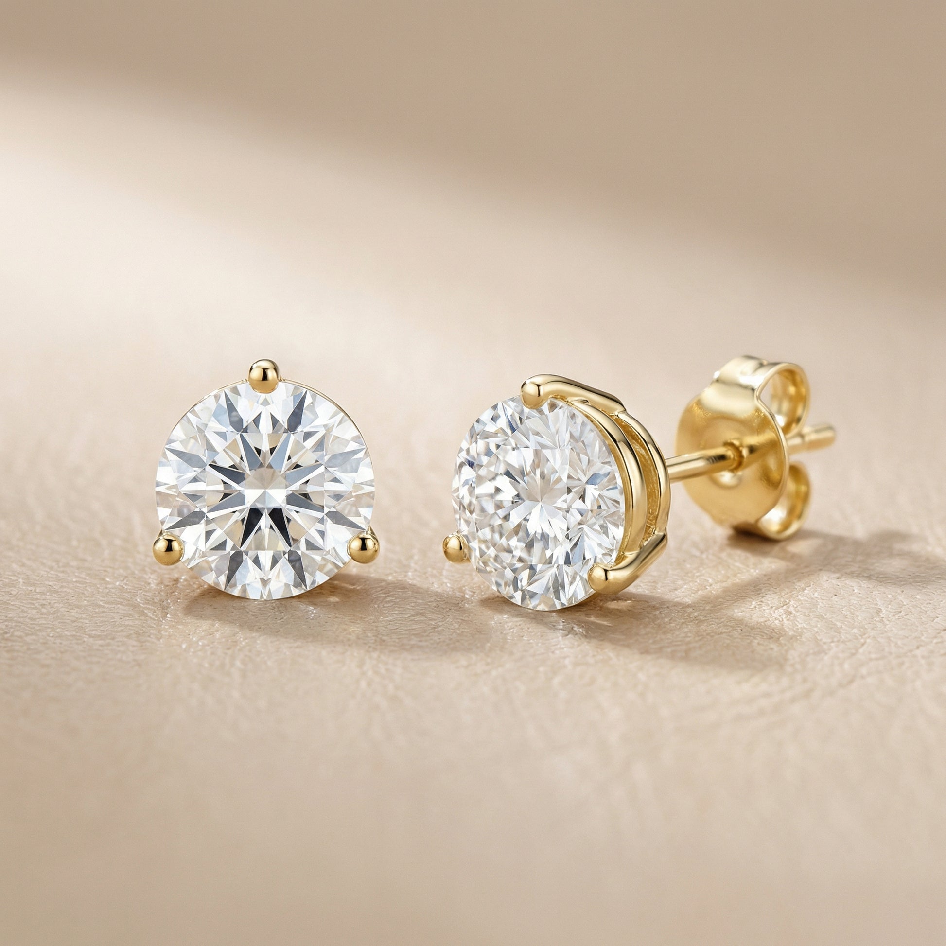 Three Prong Martini Round Diamond Stud Earrings in Yellow Gold