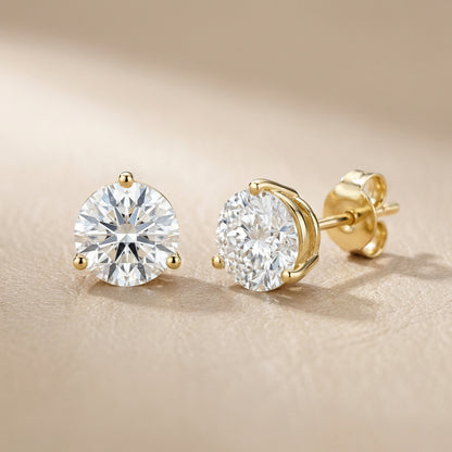 Three Prong Martini Round Diamond Stud Earrings in Yellow Gold