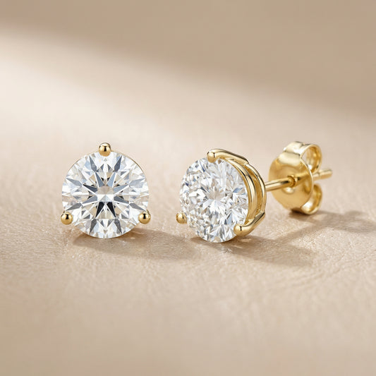 Three Prong Martini Round Diamond Stud Earrings in Yellow Gold