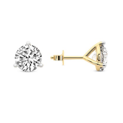 Three Prong Martini Round Diamond Stud Earrings in Yellow Gold - Left
