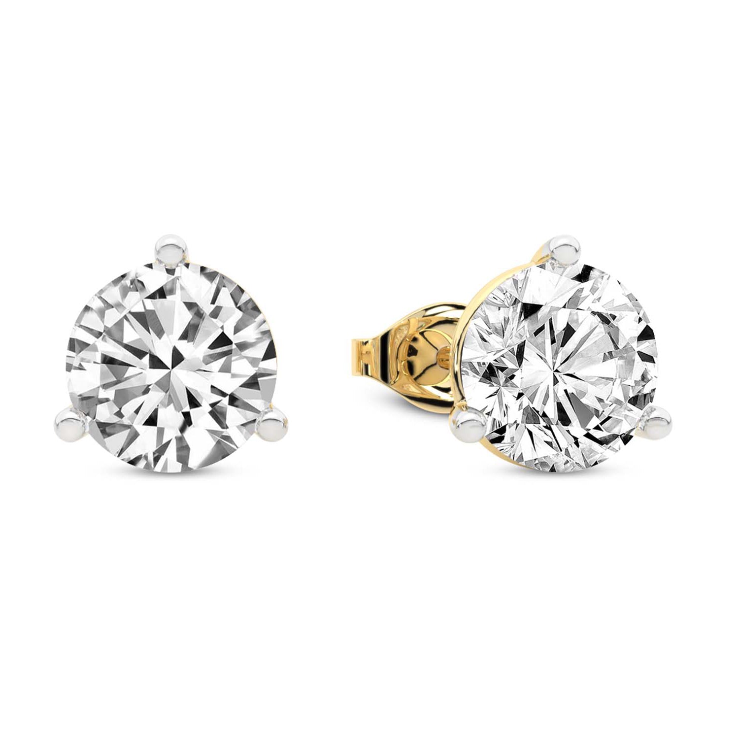 Three Prong Martini Round Diamond Stud Earrings in Yellow Gold - Right