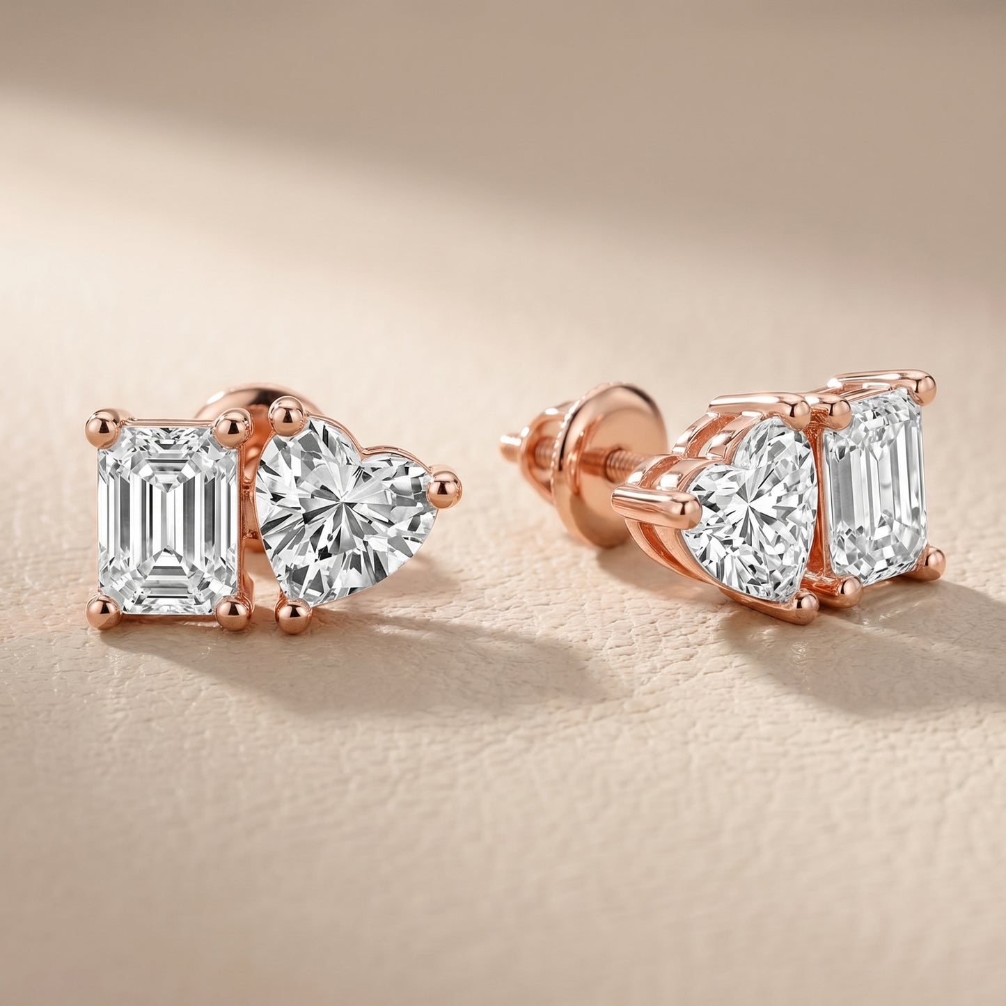 Emerald Heart Cut Lab Grown Diamond Toi Et Moi Stud Earrings in Rose Gold