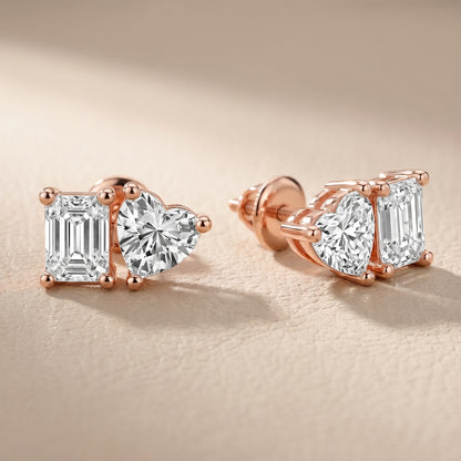 Emerald Heart Cut Lab Grown Diamond Toi Et Moi Stud Earrings in Rose Gold