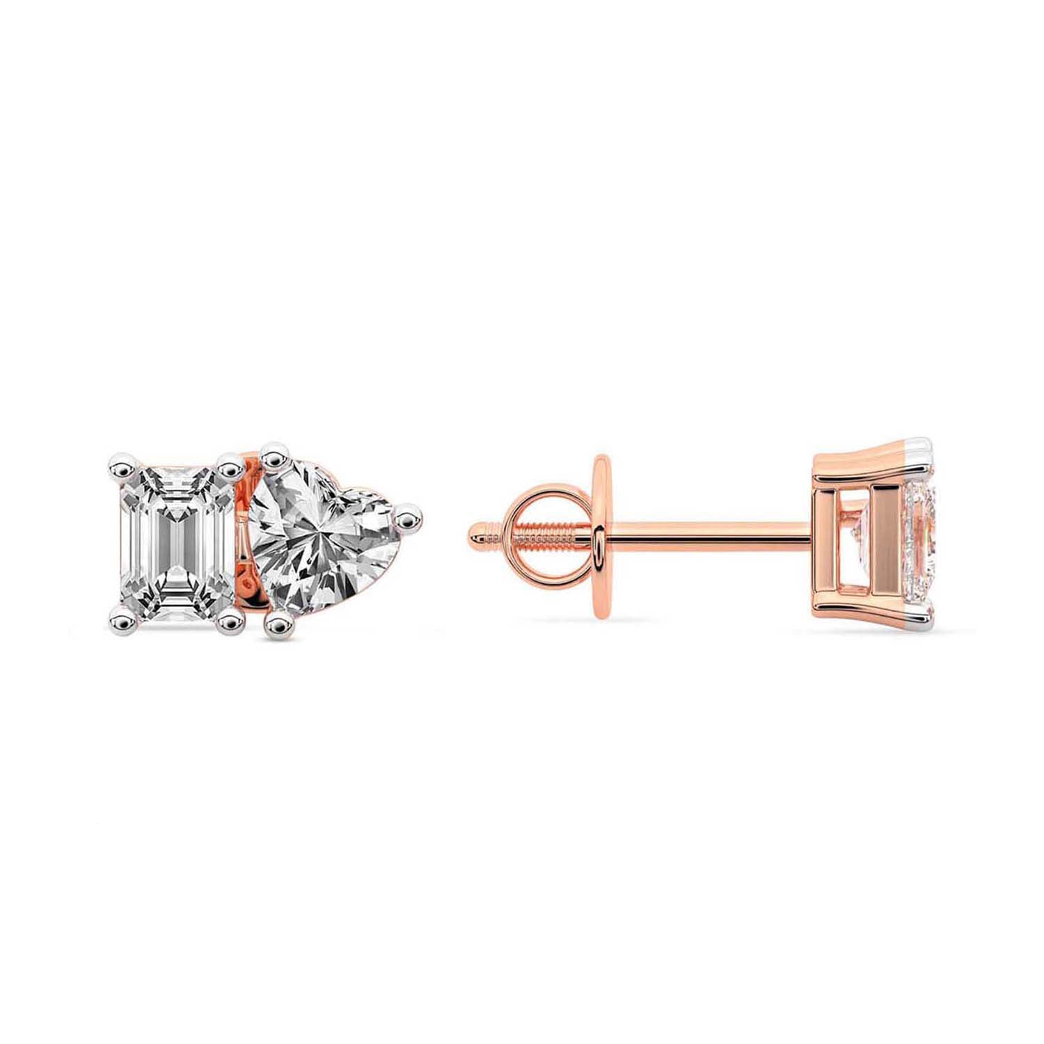 Emerald Heart Cut Lab Grown Diamond Toi Et Moi Stud Earrings in Rose Gold