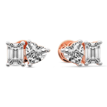 Emerald Heart Cut Lab Grown Diamond Toi Et Moi Stud Earrings in Rose Gold