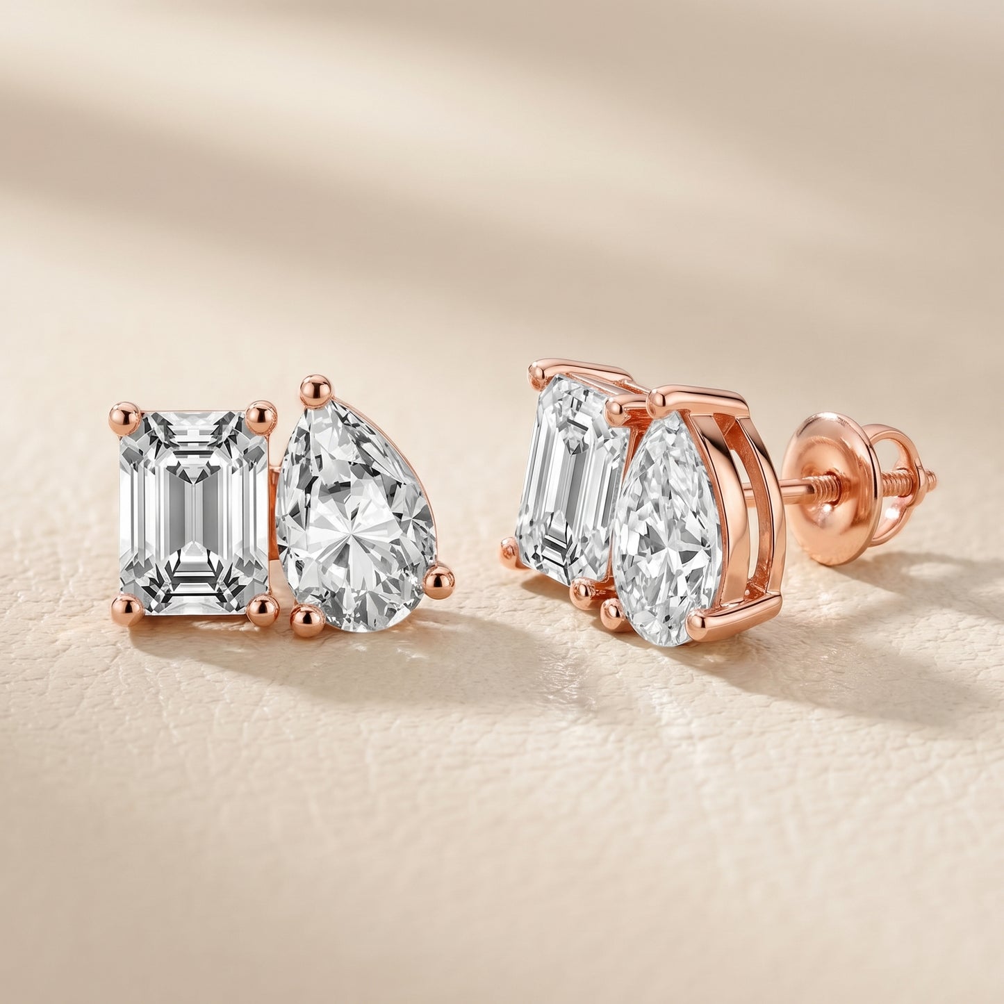 Emerald Pear Cut Lab Grown Diamond Toi Et Moi Earrings in Rose Gold