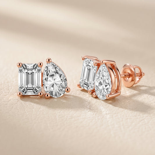 Emerald Pear Cut Lab Grown Diamond Toi Et Moi Earrings in Rose Gold