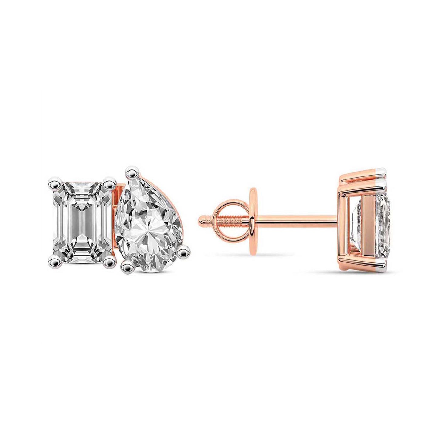 Emerald Pear Cut Lab Grown Diamond Toi Et Moi Earrings in Rose Gold