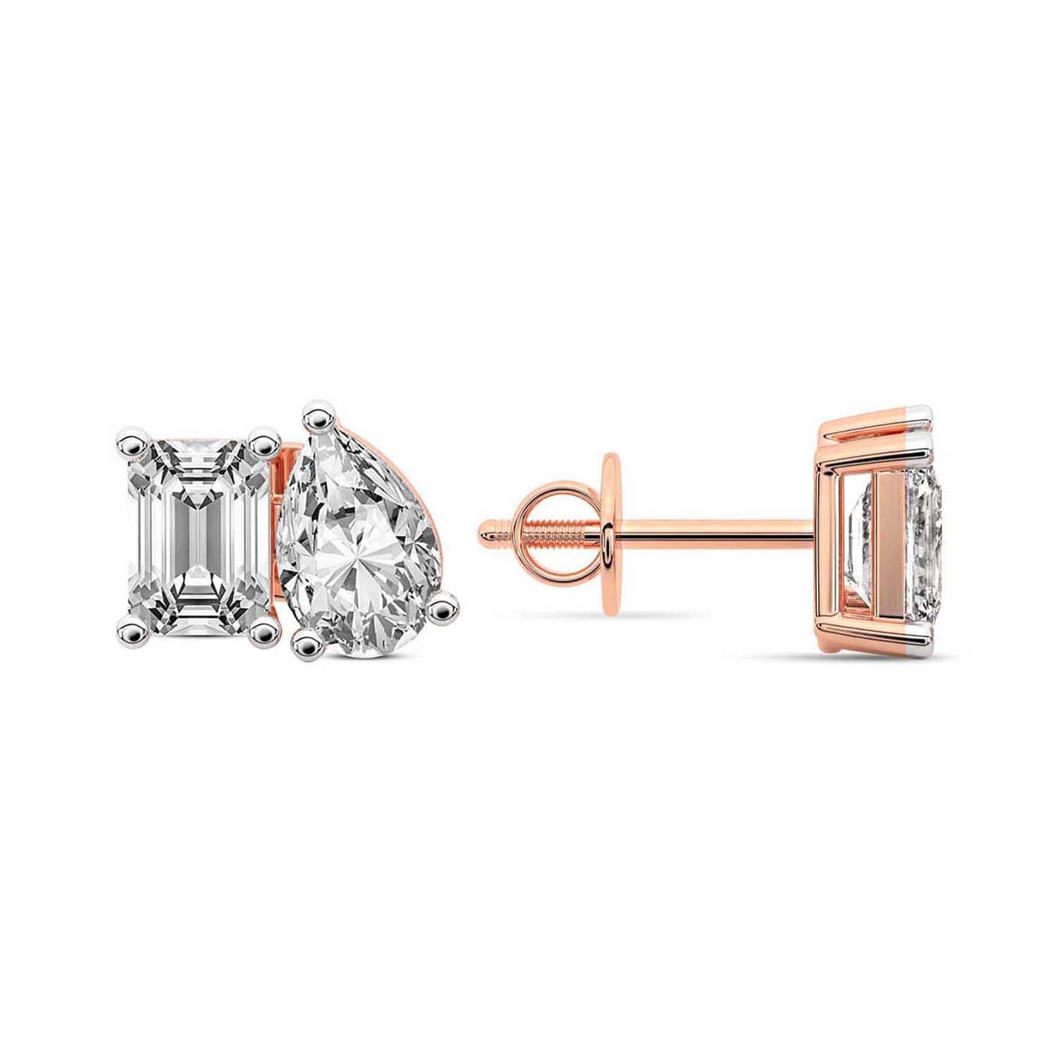 Emerald Pear Cut Lab Grown Diamond Toi Et Moi Earrings in Rose Gold