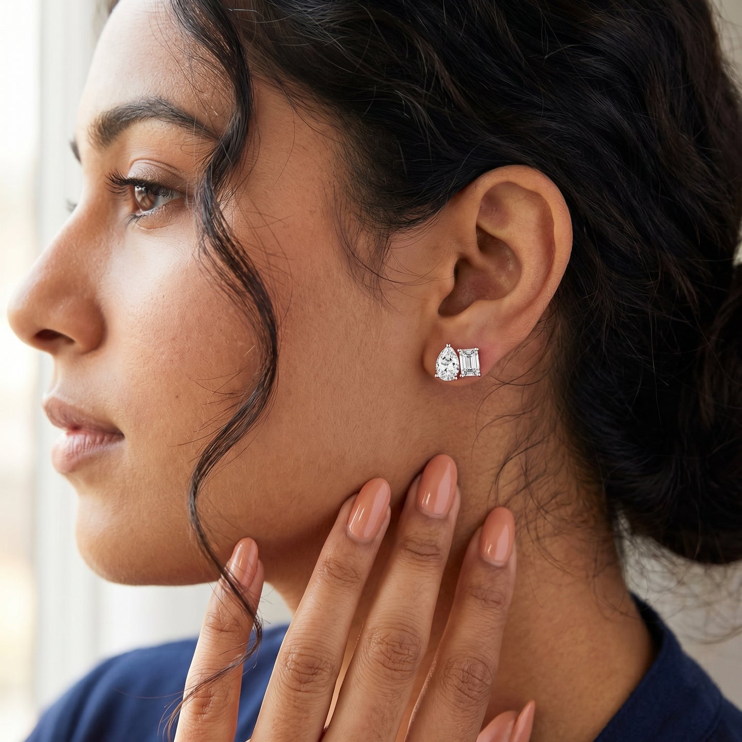 Emerald Pear Cut Lab Grown Diamond Toi Et Moi Earrings in Rose Gold