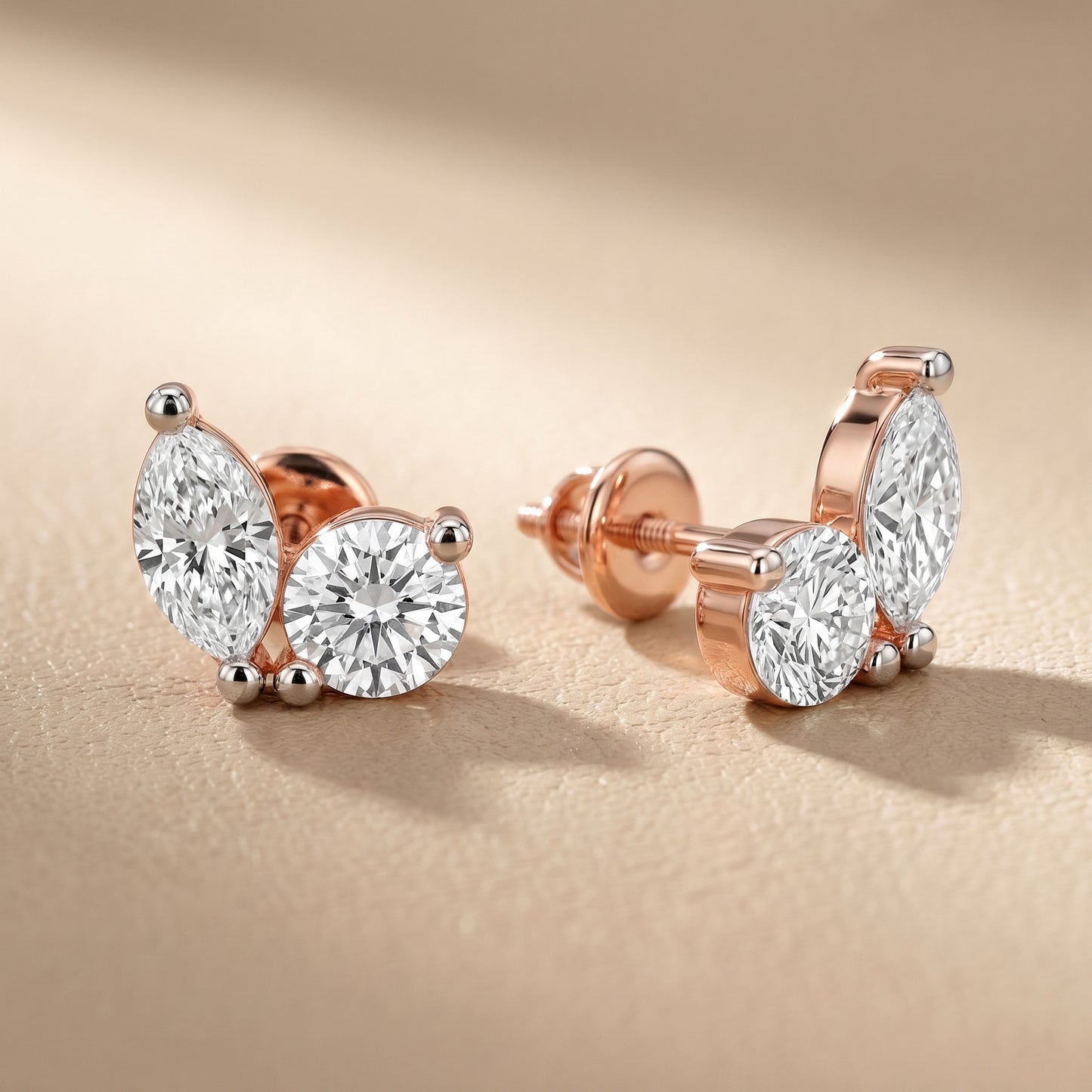 Marquise Round Cut Lab Grown Diamond Stud Earrings in Rose Gold