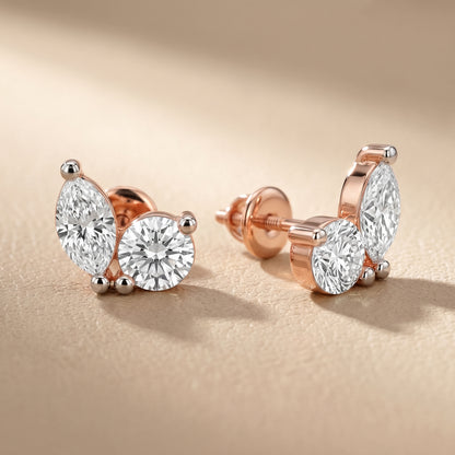 Marquise Round Cut Lab Grown Diamond Stud Earrings in Rose Gold