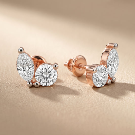 Marquise Round Cut Lab Grown Diamond Stud Earrings in Rose Gold