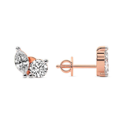 Marquise Round Cut Lab Grown Diamond Stud Earrings in Rose Gold