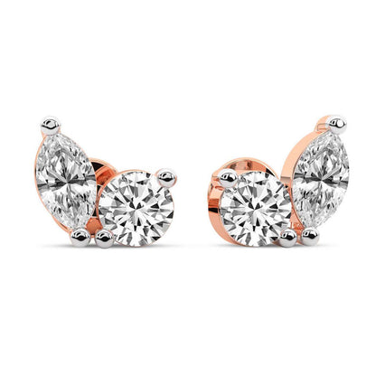 Marquise Round Cut Lab Grown Diamond Stud Earrings in Rose Gold