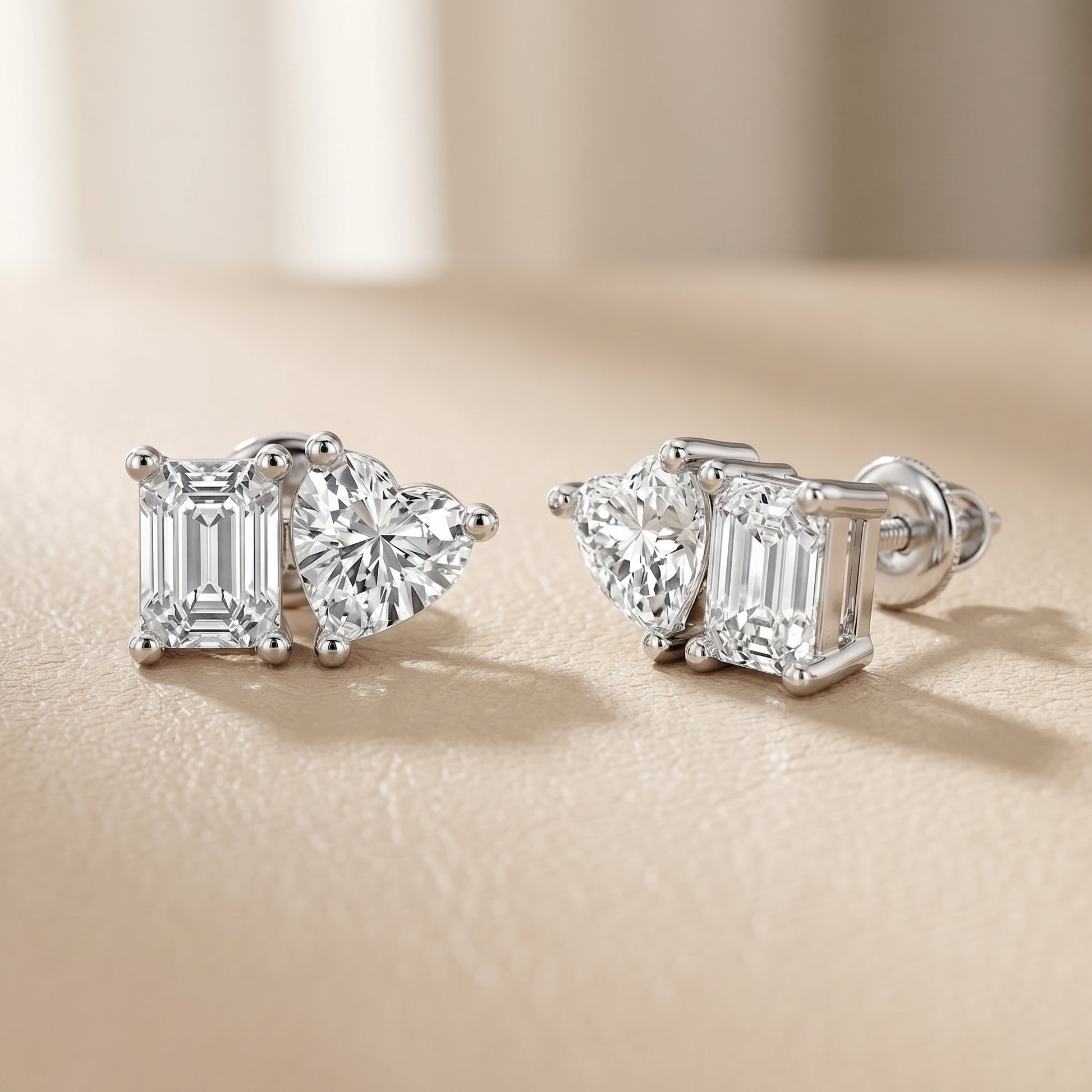 Emerald Heart Cut Lab Grown Diamond Toi Et Moi Stud Earrings in Silver
