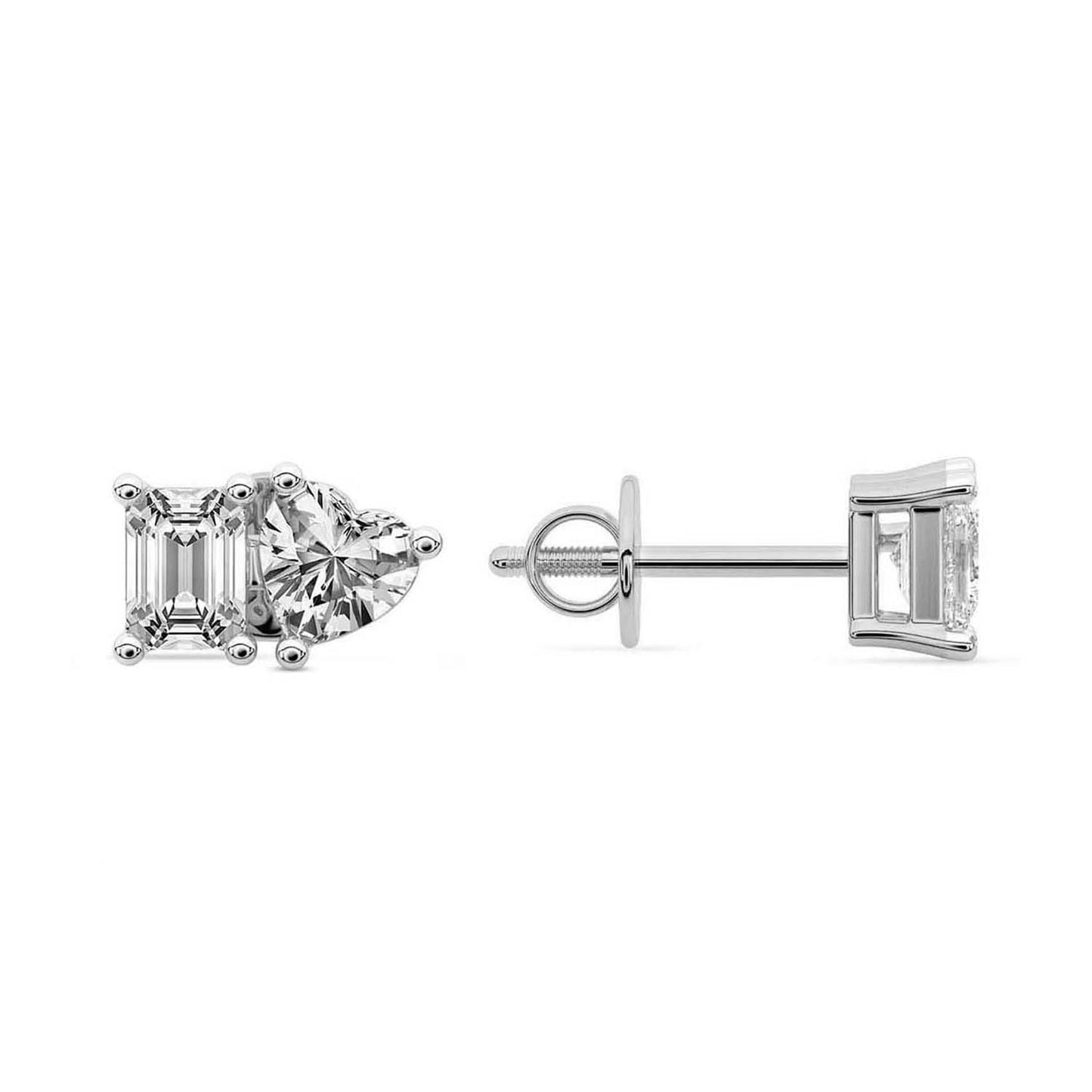 Emerald Heart Cut Lab Grown Diamond Toi Et Moi Stud Earrings in White Gold