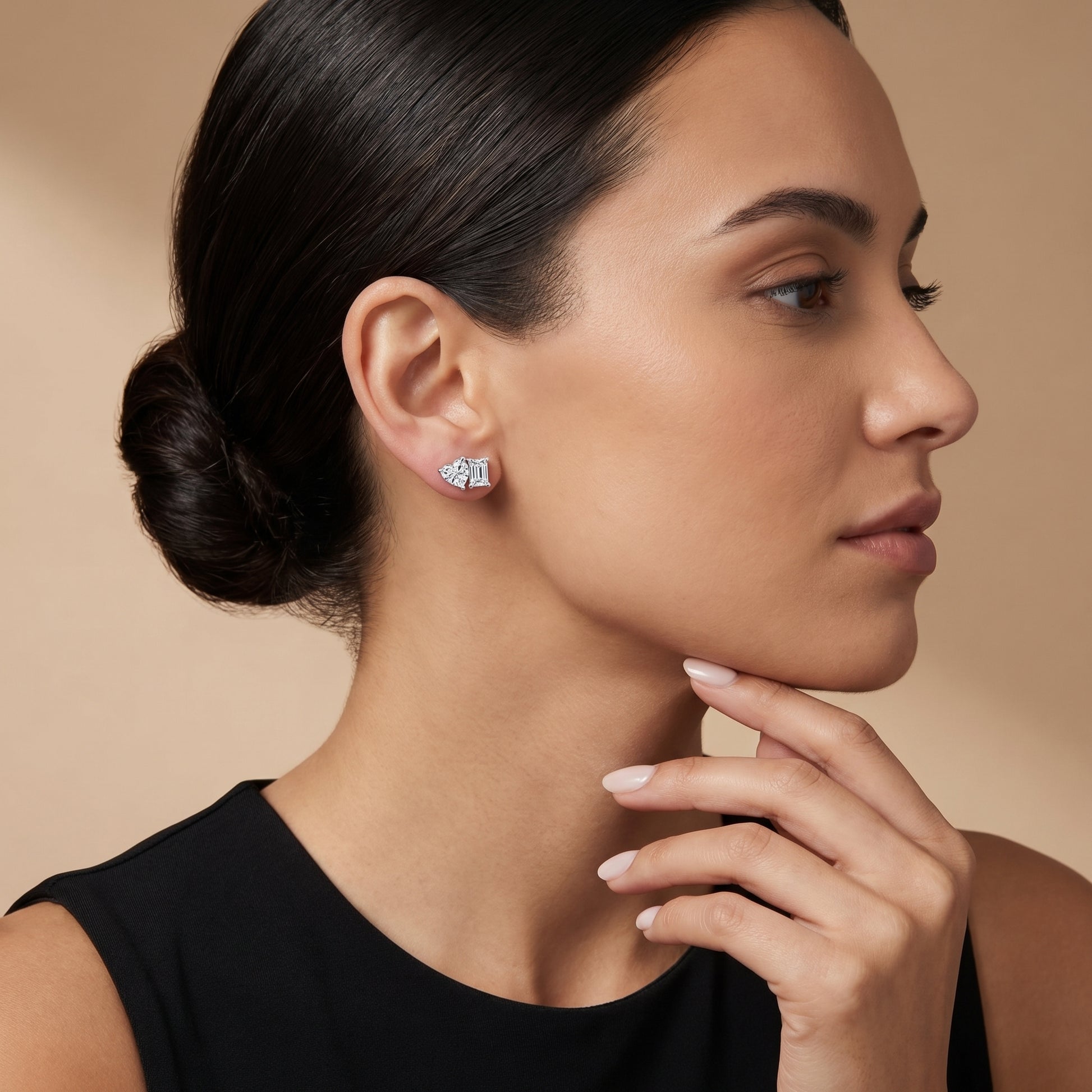 Emerald Heart Cut Lab Grown Diamond Toi Et Moi Stud Earrings in Platinum