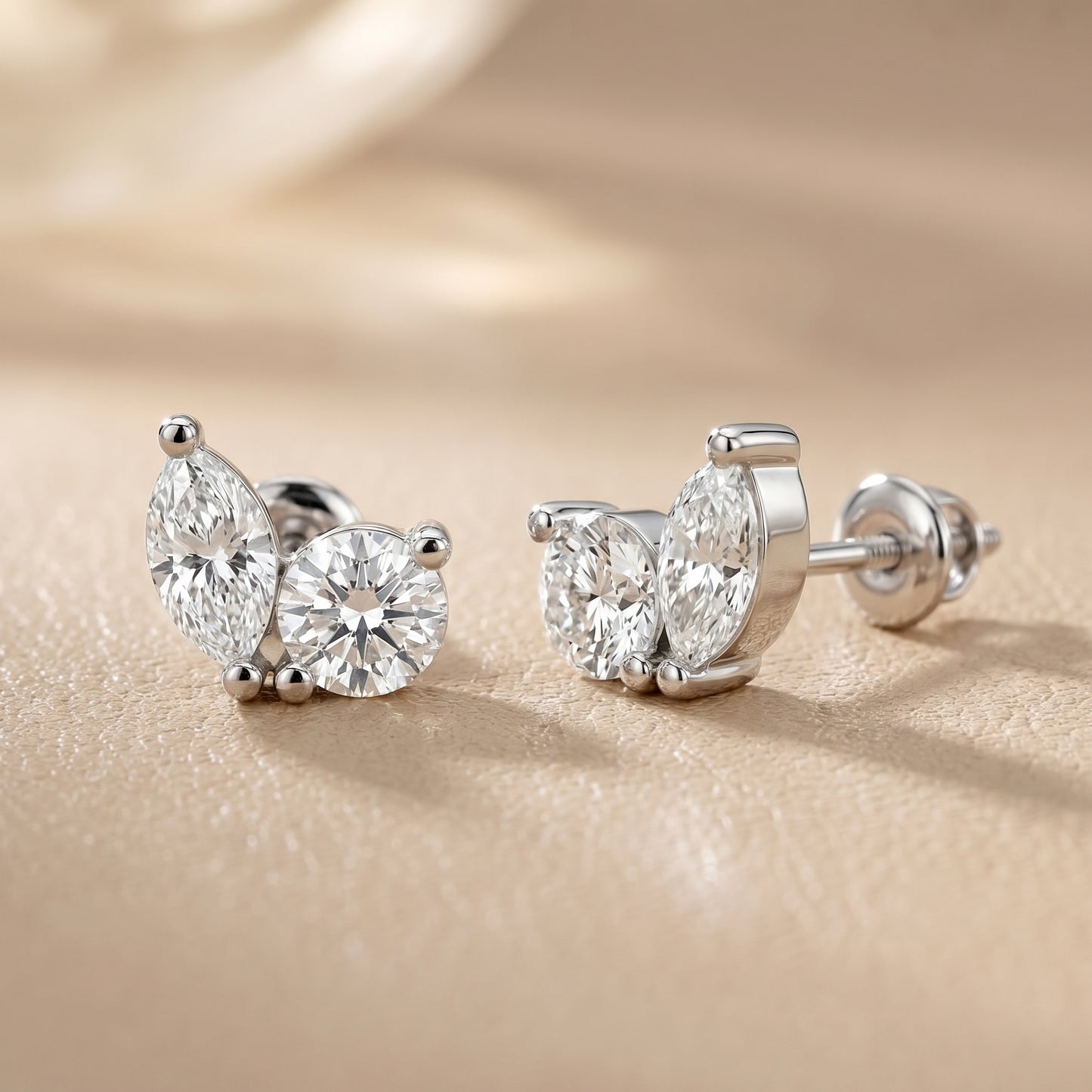 Marquise Round Cut Lab Grown Diamond Stud Earrings in White Gold
