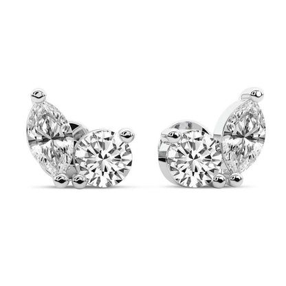 Marquise Round Cut Lab Grown Diamond Stud Earrings in Silver