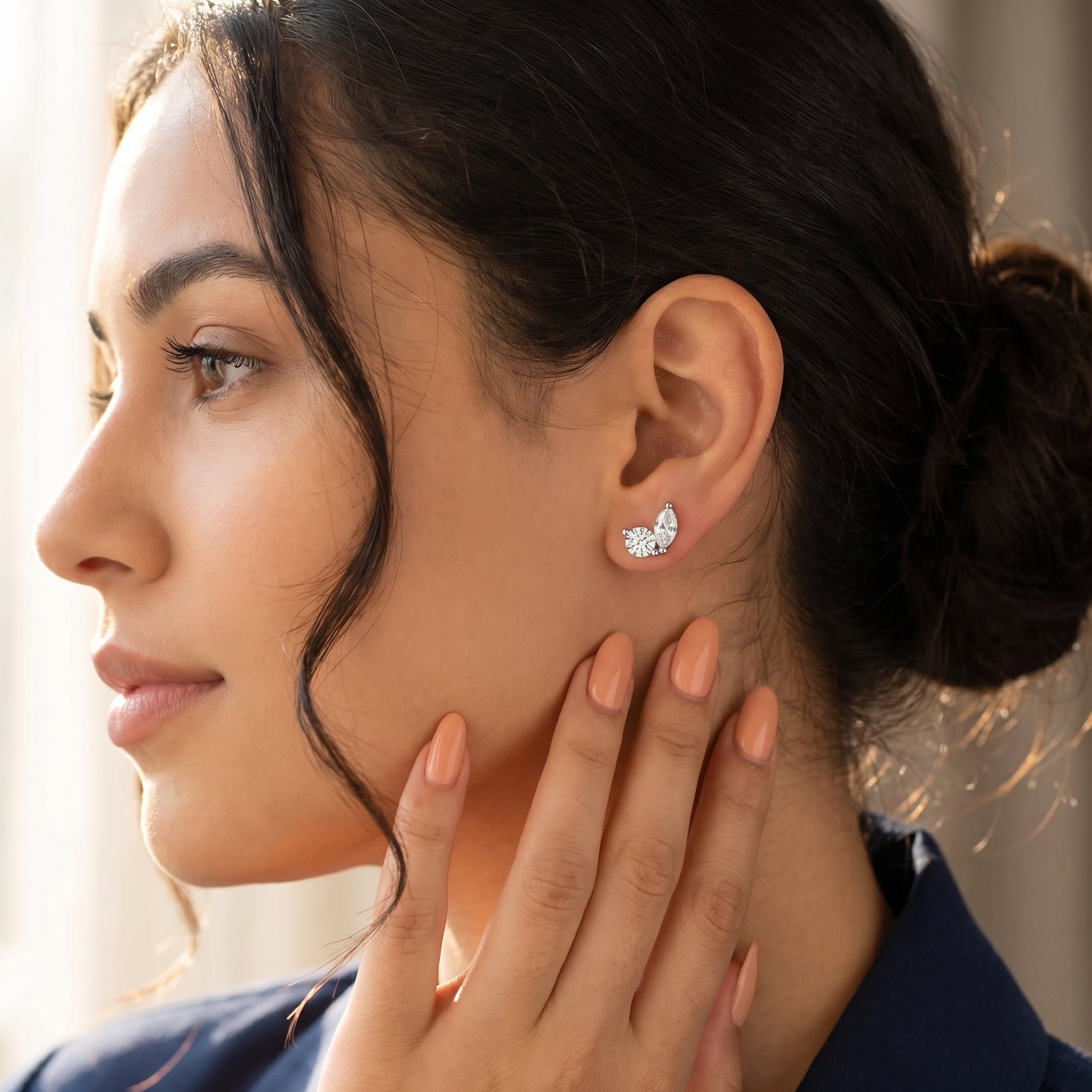 Marquise Round Cut Lab Grown Diamond Stud Earrings in Silver