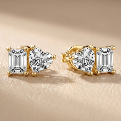Emerald Heart Cut Lab Grown Diamond Toi Et Moi Stud Earrings in Yellow Gold