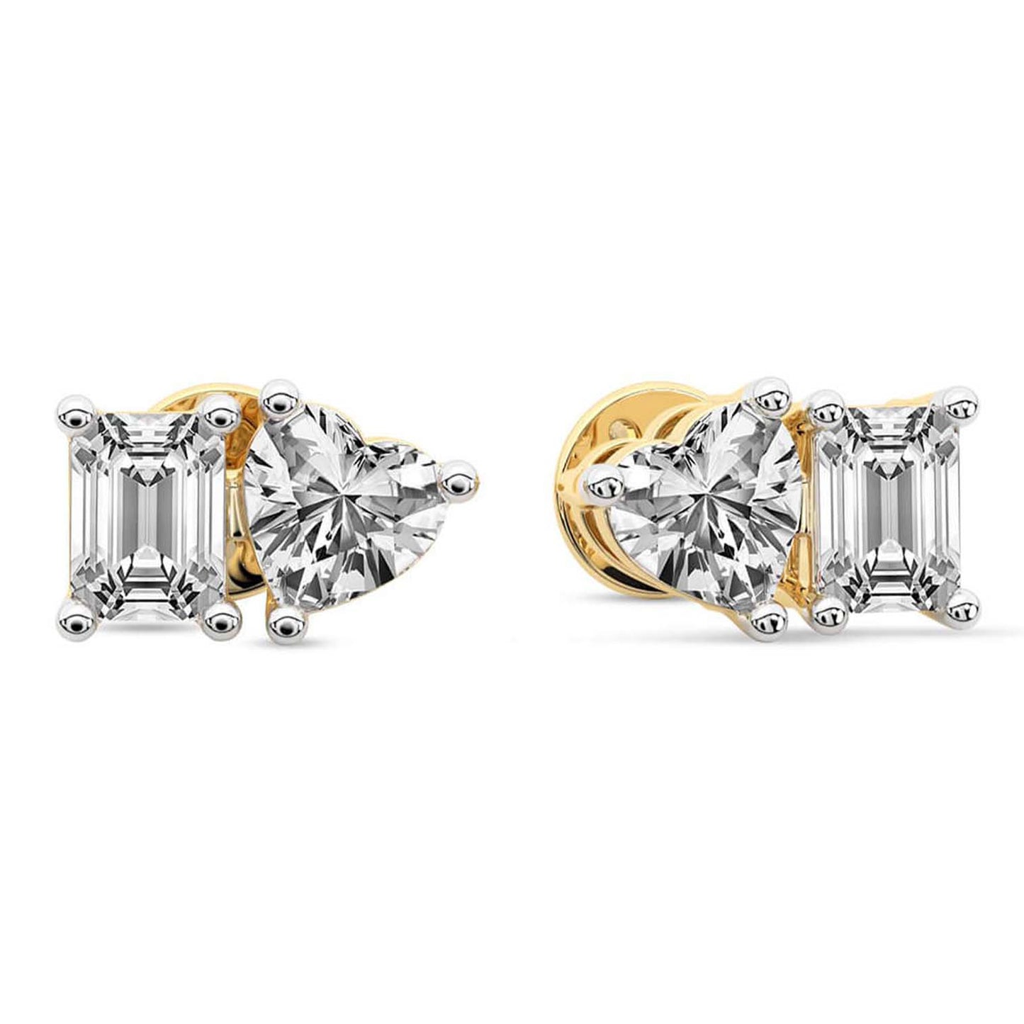 Emerald Heart Cut Lab Grown Diamond Toi Et Moi Stud Earrings in Yellow Gold