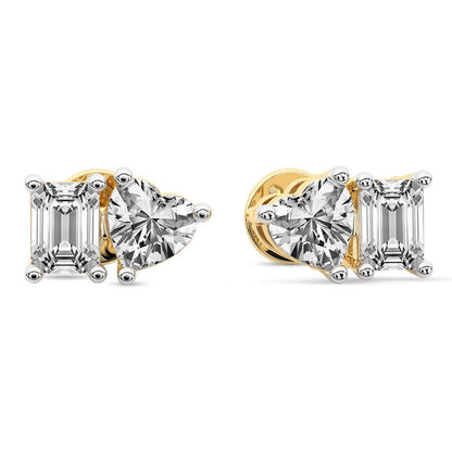 Emerald Heart Cut Lab Grown Diamond Toi Et Moi Stud Earrings in Yellow Gold