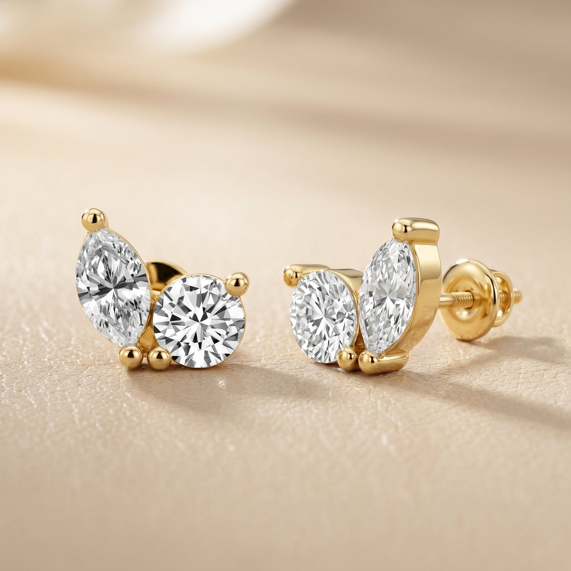 Marquise Round Cut Lab Grown Diamond Stud Earrings in Yellow Gold