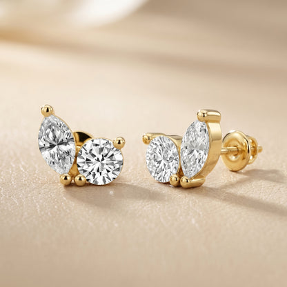 Marquise Round Cut Lab Grown Diamond Stud Earrings in Yellow Gold