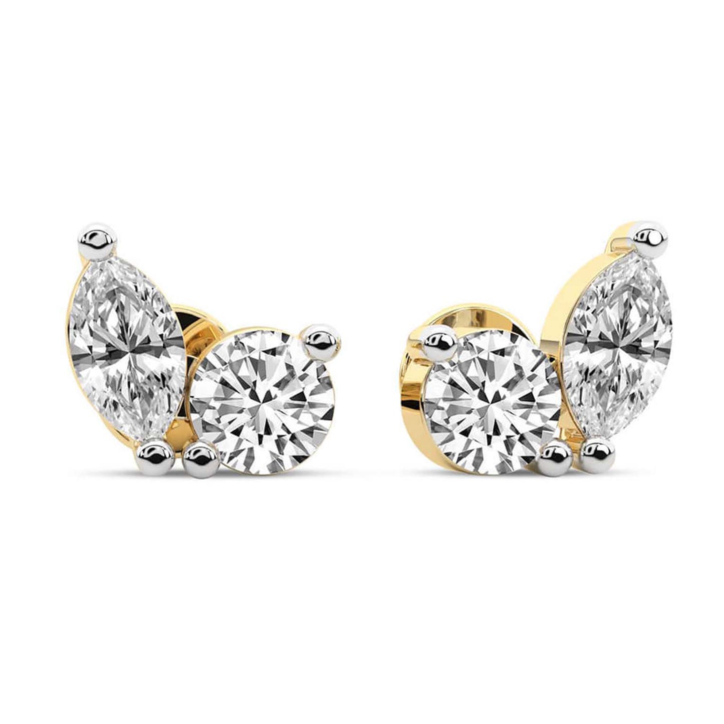 Marquise Round Cut Lab Grown Diamond Stud Earrings in Yellow Gold