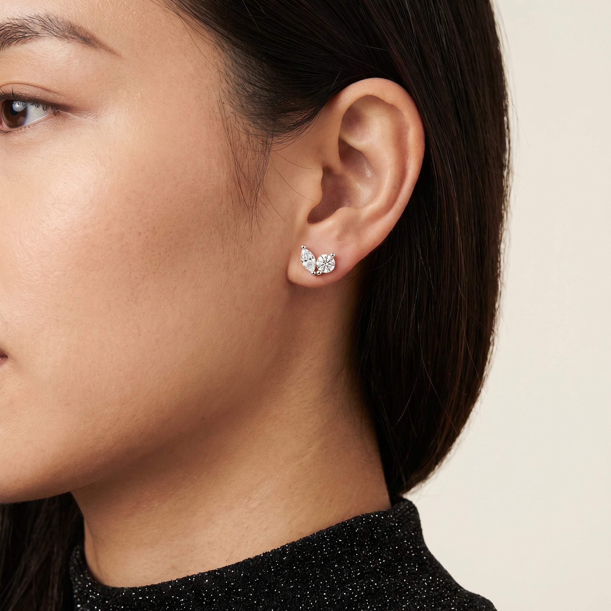 Marquise Round Cut Lab Grown Diamond Stud Earrings in Yellow Gold