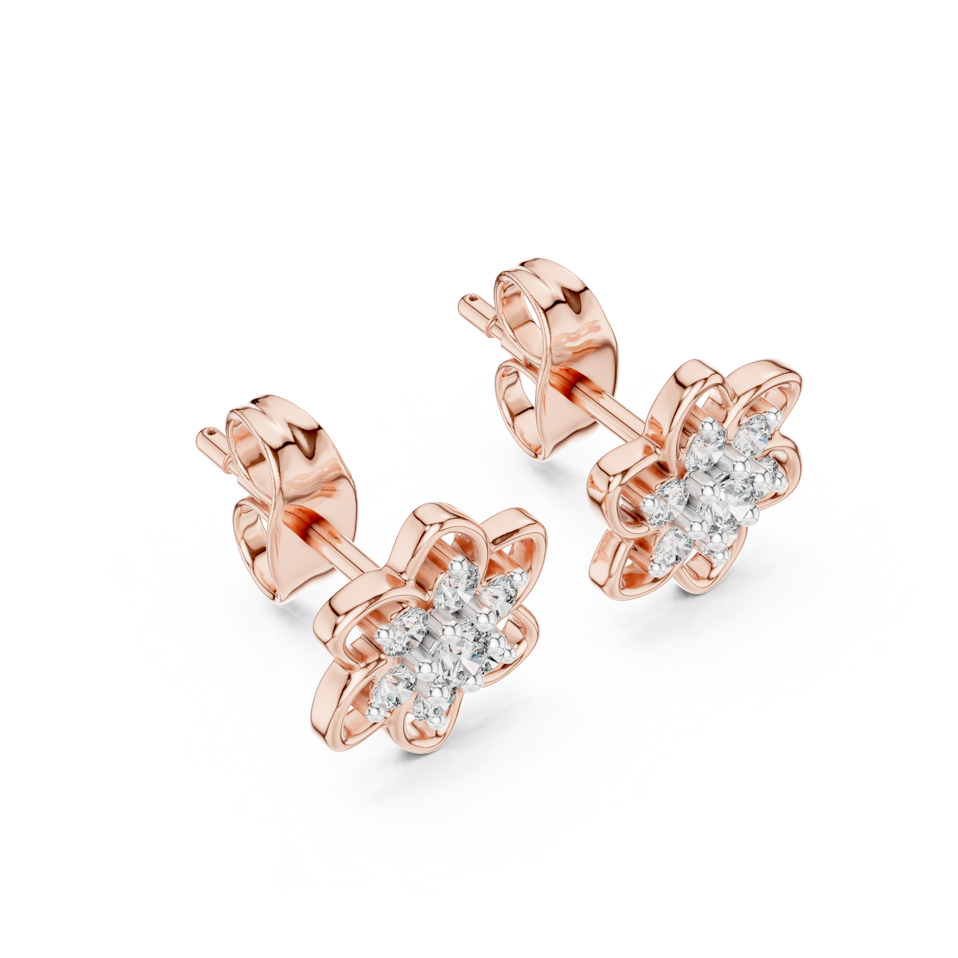 Round Cut Lab Grown Diamond Petal Floral Stud Earrings in Rose Gold