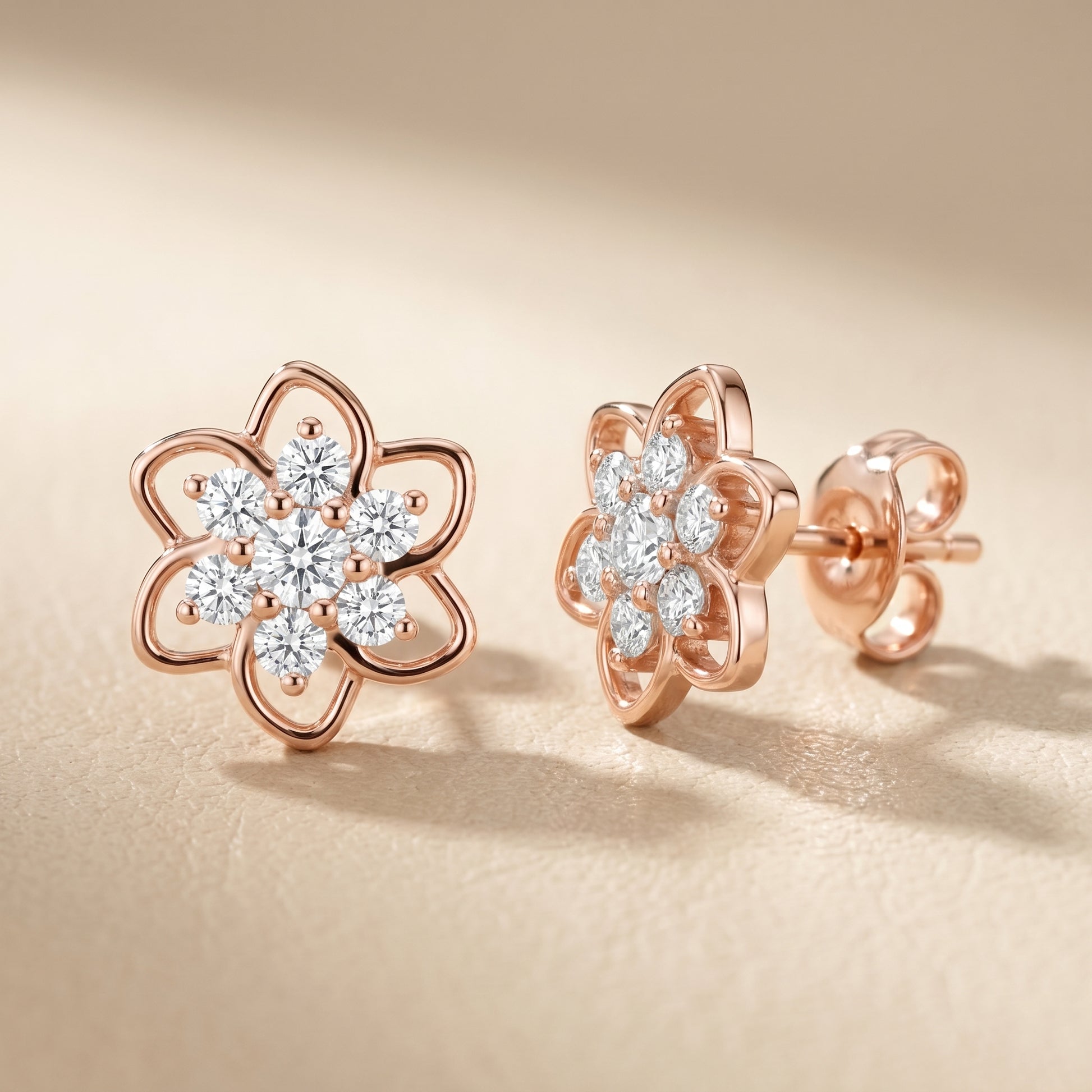 Round Cut Lab Grown Diamond Petal Floral Stud Earrings in Rose Gold