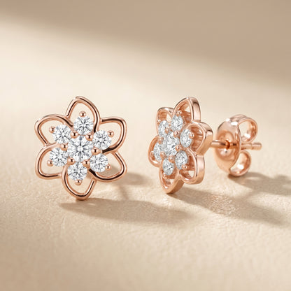 Round Cut Lab Grown Diamond Petal Floral Stud Earrings in Rose Gold